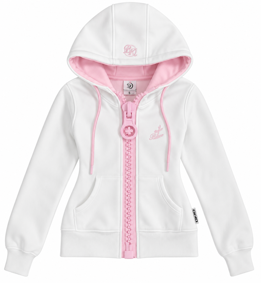White & Pink Retro Contrast Zip-Up Hoodie