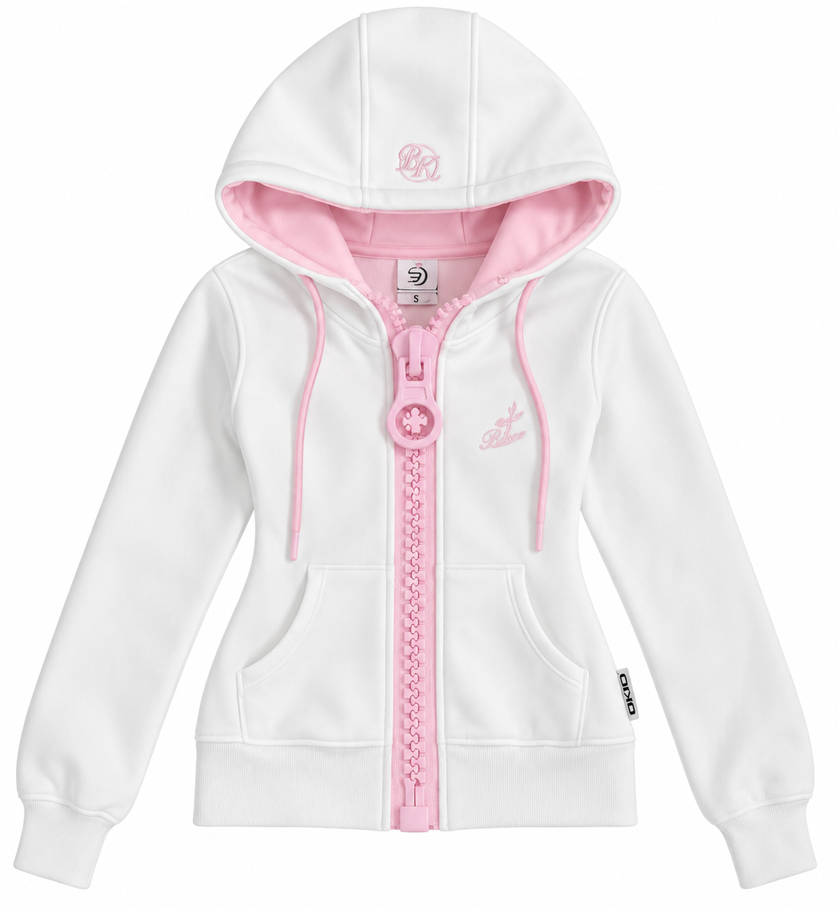 White & Pink Retro Contrast Zip-Up Hoodie