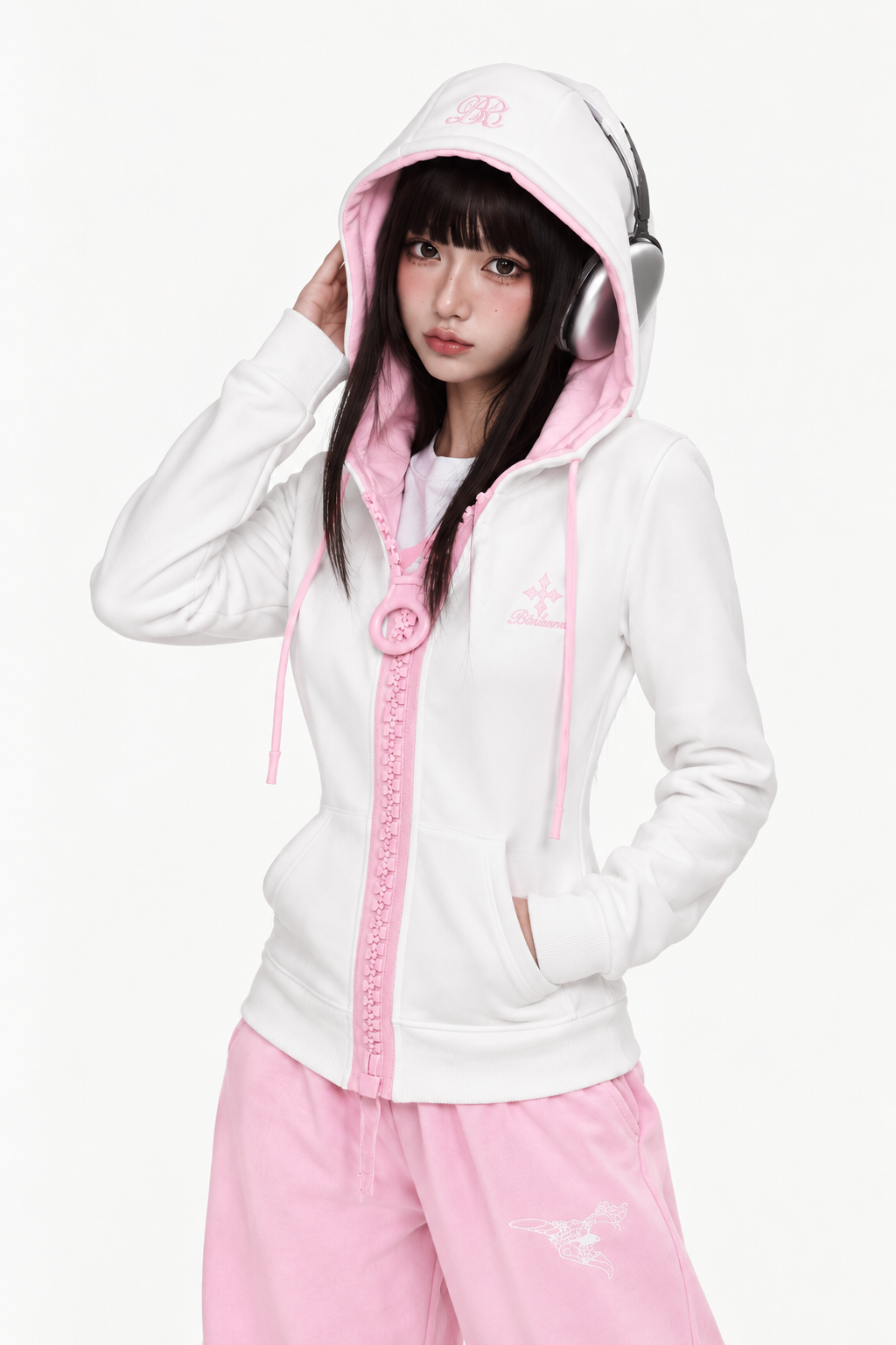 White & Pink Retro Contrast Zip-Up Hoodie