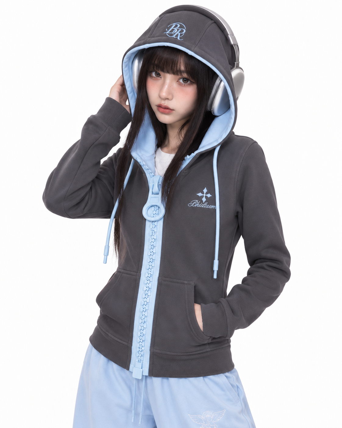 Gray & Blue Retro Contrast Zip-Up Hoodie