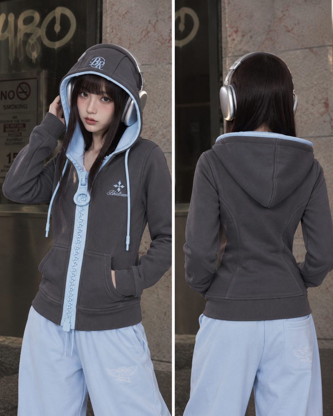 Gray & Blue Retro Contrast Zip-Up Hoodie