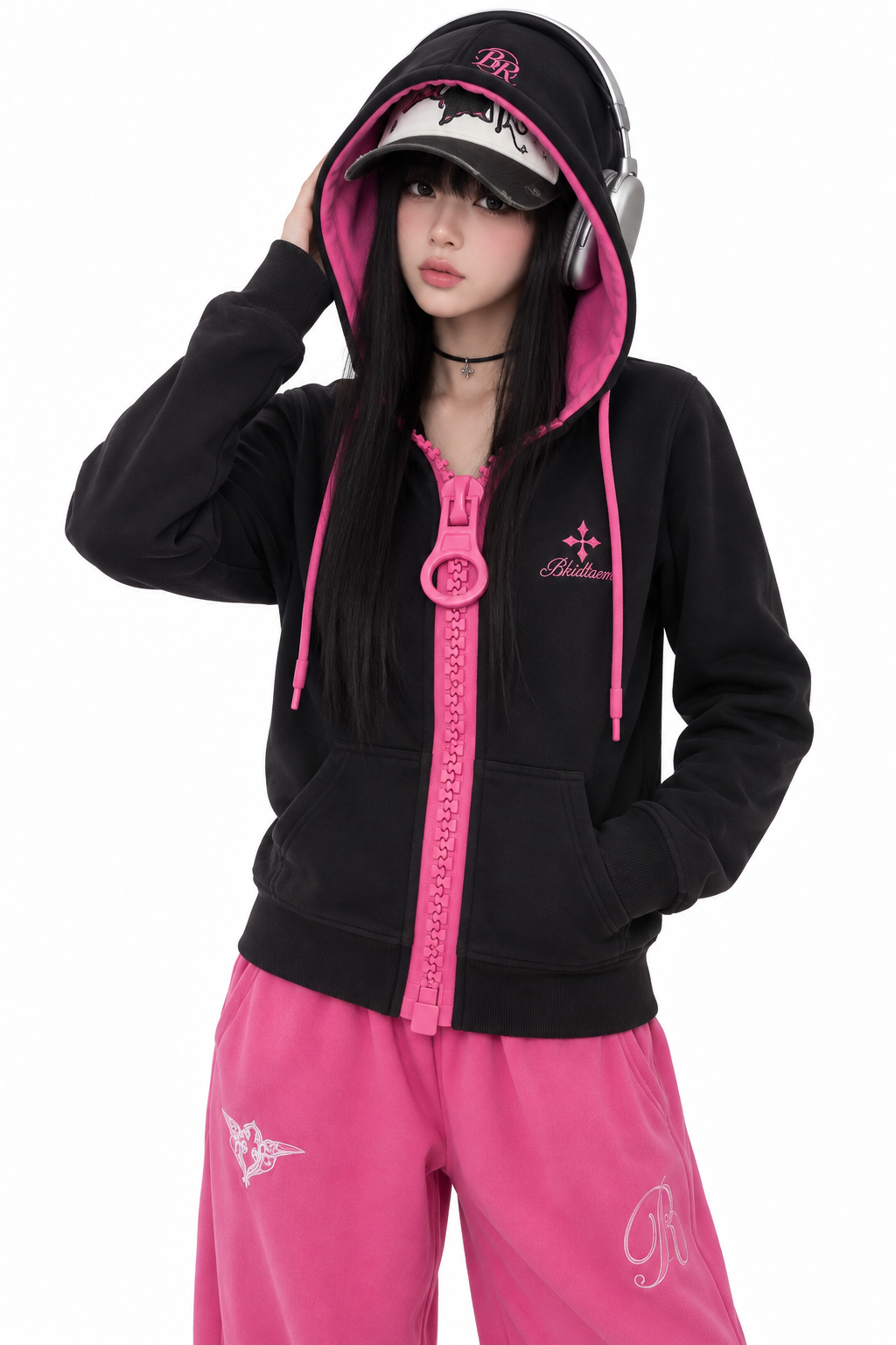 Black & Hot Pink Retro Contrast Zip-Up Hoodie