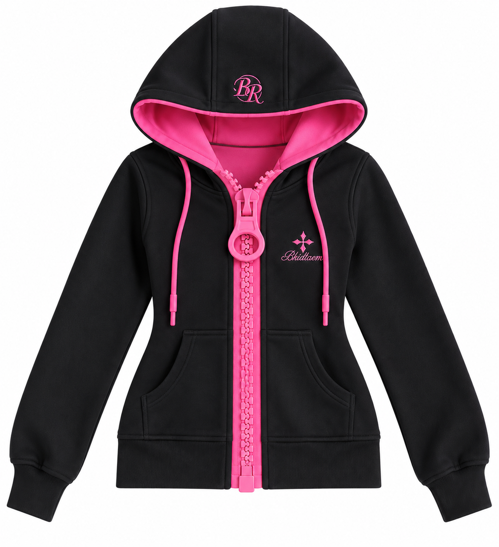 Black & Hot Pink Retro Contrast Zip-Up Hoodie