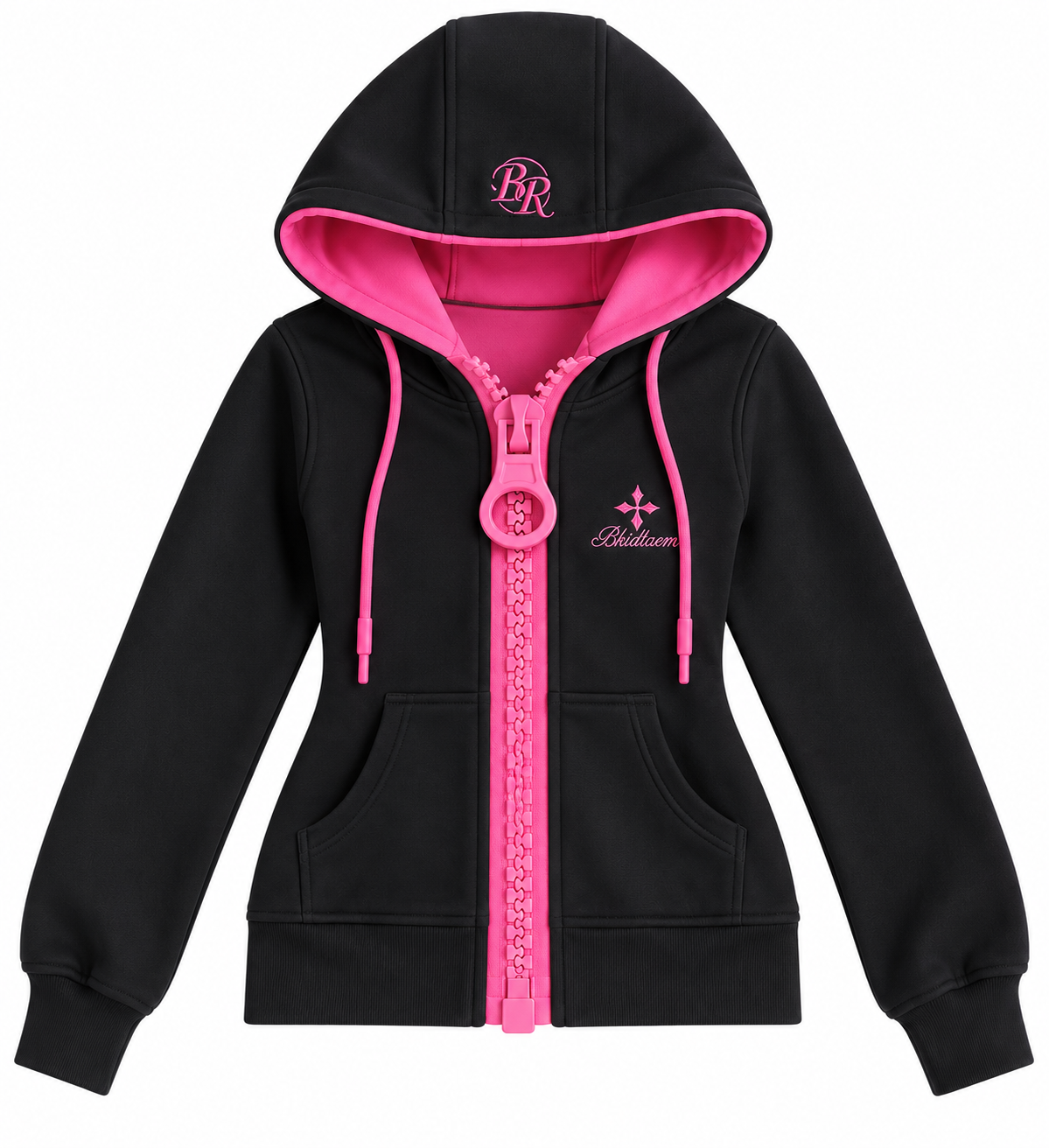 Black & Hot Pink Retro Contrast Zip-Up Hoodie